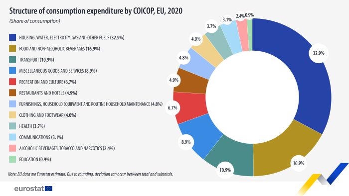 Doughnut chart showing the structure of consumption expenditure by COICOP in the EU. Twelve sections represent the share of consumption in percentages of each COICOP category adding up to one hundred percent in the year 2020.