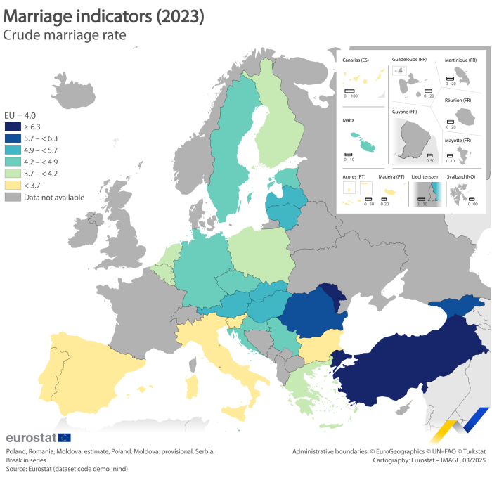 a map showing the crude marriage rate in the EU, individual EU countries, EFTA countries and some candidate countries.